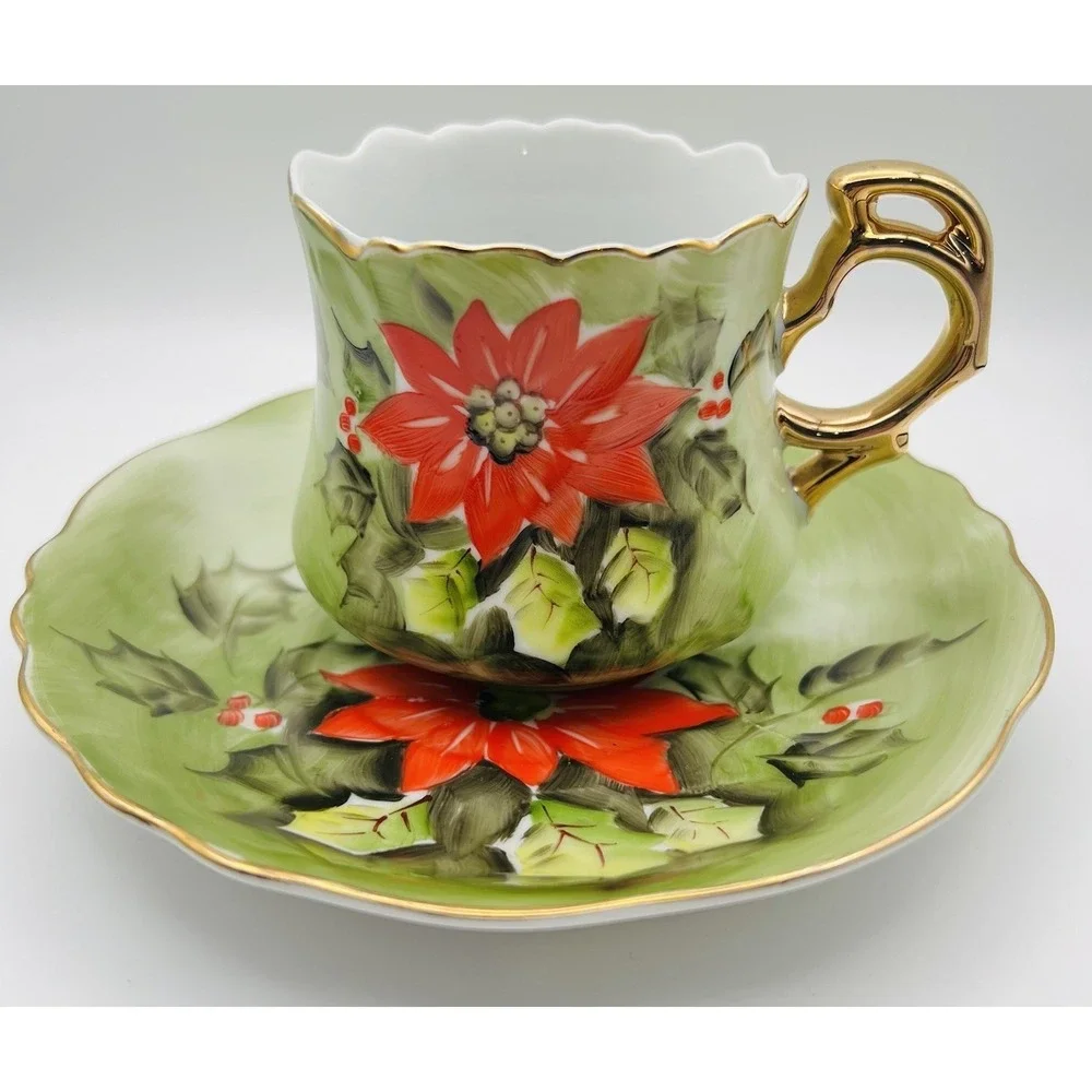 Lefton China Poinsettia Teacup Saucer Hand Painted Holiday Christmas Green Gold